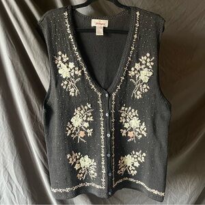 WORTHINGTON Size XL Vintage Beaded Sweater Vest Button Down Floral Grandma Core